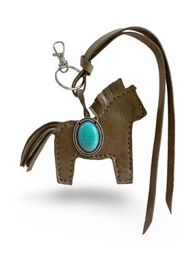 Handmade Genuine Leather Western Horse Bag Charm Keychain Fob Faux Turquoise